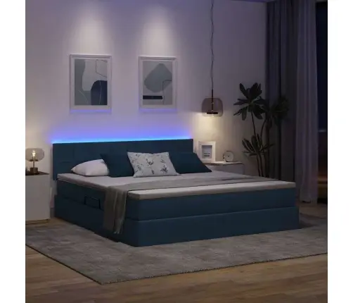 Voodi Led -Ribatuledega Peaga Sinine 160 X 200 Cm Kangas