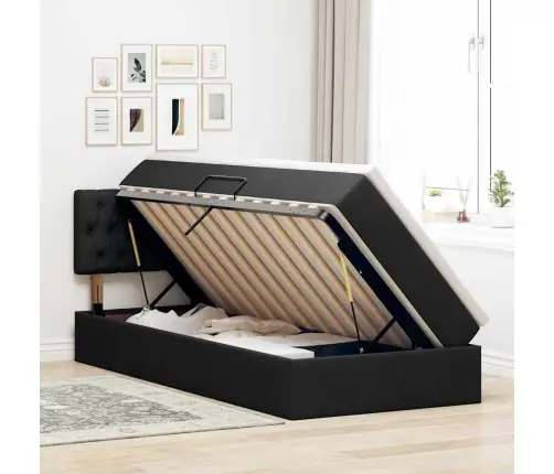 Gulta Ar Uzglabāšanas Vietu Un Led Melna 90 X 200 Cm Audums Vidaxl