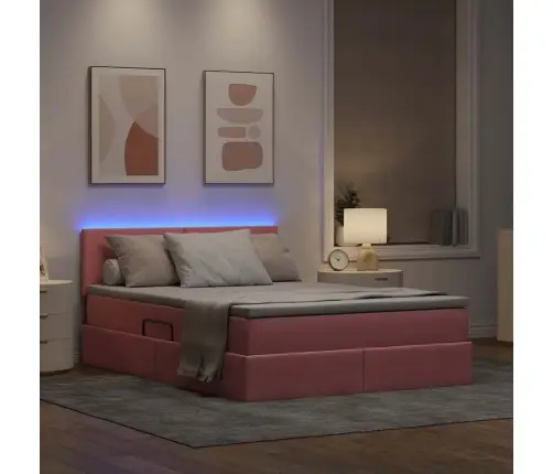 Lova Su Daiktų Laikymo Vieta Ir Led Rožinė 140 X 190 Cm Aksomas