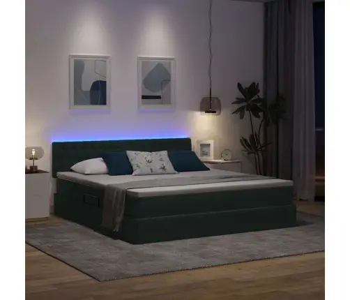 Gulta Ar Led Sloksnes Lukturiem Tumši Zaļš 160 X 200 Cm Samts Vidaxl