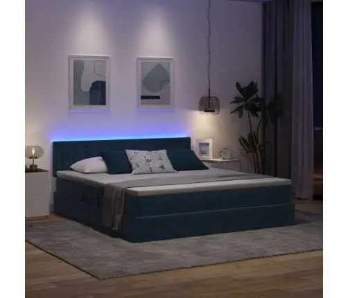 Gulta Ar Led Sloksnes Lukturiem Tumši Zils 180 X 200 Cm Samts Vidaxl