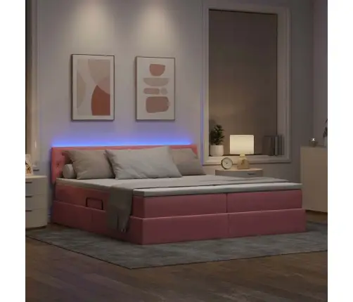 Voodi Led -Ribatuledega Peaga Roosa 200 X 200 Cm Samet