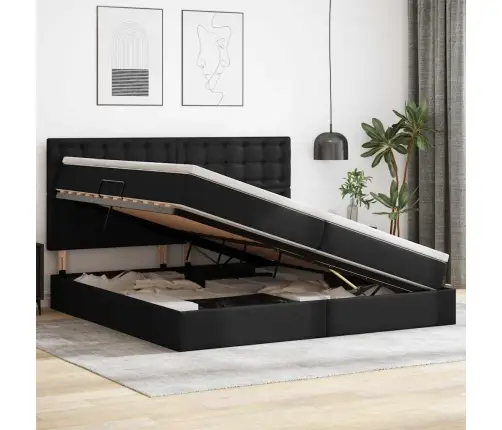 Laos Voodi Madratsiga Peaga Must 200 X 200 Cm Kunstnahk