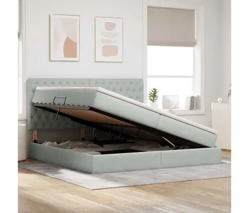 Voodi Hoiukohaga Ja Madratsiga Helehall 200 X 200 Cm Samet