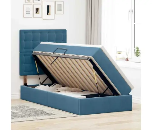 Voodi Hoiukohaga Ja Madratsiga Tumesinine 90 X 200 Cm Samet