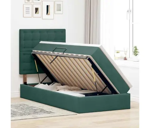 Voodi Hoiukohaga Ja Madratsiga Tume Rohelise 100 X 200 Cm Samet