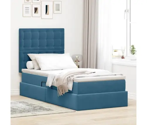 Voodi Hoiukohaga Ja Madratsiga Tumesinine 100 X 200 Cm Samet