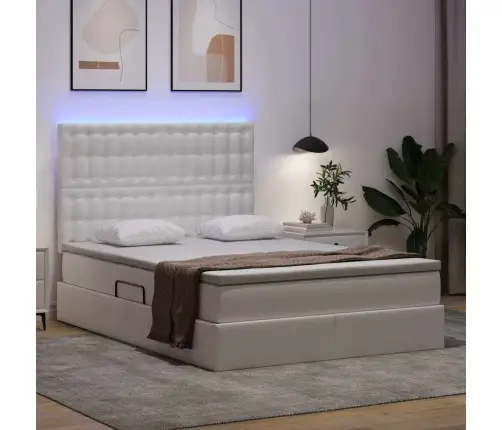 Led-Valgusega Hoiuvoodi Puhas Valge 140 X 200 Cm Kunstnahk