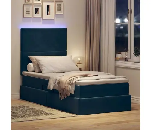 Gulta Ar Uzglabāšanas Vietu Un Led Tumši Zils 90 X 200 Cm Samts Vidaxl