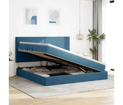 Voodi Led -Ribatuledega Peaga Tumesinine 200 X 200 Cm Samet