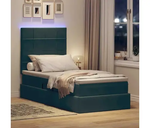 Gulta Ar Uzglabāšanas Vietu Un Led Tumši Zaļš 90 X 200 Cm Samts Vidaxl