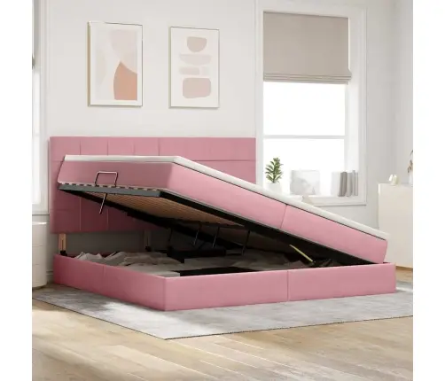 Lova Su Daiktų Laikymo Vieta Ir Led Rožinė 200 X 200 Cm Aksomas