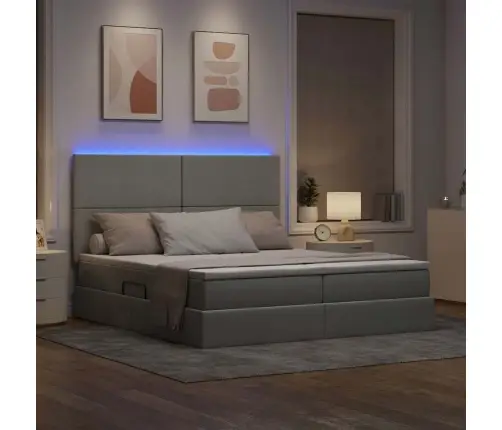 Voodi Led -Ribatuledega Peaga Helehall 200 X 200 Cm Kangas