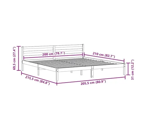 Gultas Rāmis Ar Galvu Balts 200X210 Cm Masīvkoks Priede Vidaxl