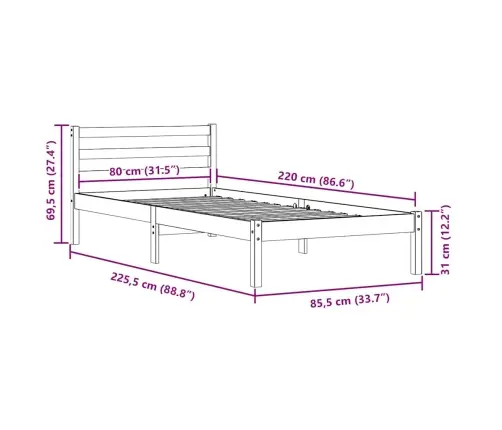 Gultas Rāmis Ar Galvgaļu Baltā 80X220 Cm Cietā Koka Priede Vidaxl