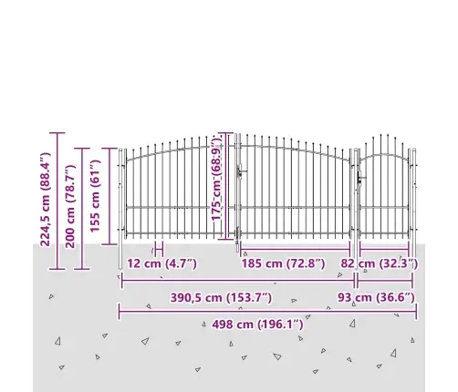 Dārza Vārti Ar Zaru Augšdaļu, Melni, 100 X 400 Cm, Tērauds Vidaxl
