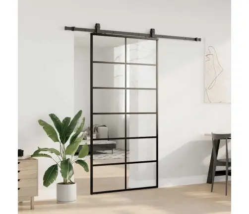 Bīdāmās Durvis Ar Stiprinājumiem, Melns, Stikls, 102X205 Cm Vidaxl