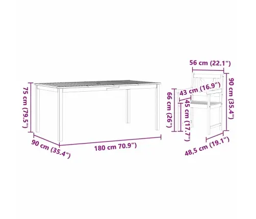 Dārza Galds 7 Pcs Dabiska Koksne 180 X 90 X 75 Cm Vidaxl