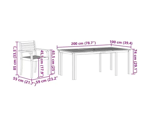 Ēdamgalds 9 Pcs Dabīgs 200 X 100 X 74 Cm Cietā Akācijas Koks Vidaxl