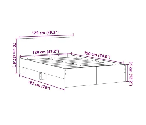 Gultas Rāmis Ar Atzveltni Vecs Koks 120 X 190 Cm Cietais Koks Vidaxl