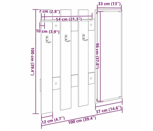 Sienas Pakaramais Ar Uzglabāšanu Ar Spoguli Melni Ozoli 100 X 10 X 100 Cm Vidaxl