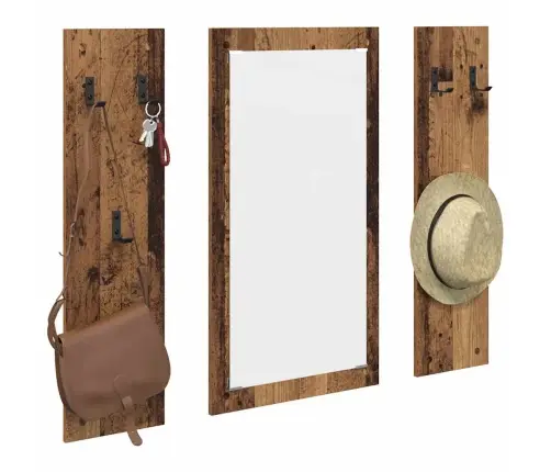 Seinale Kinnitatav Riidepuu Peegliga Vana Puit 96 X 1,5 X 90 Cm