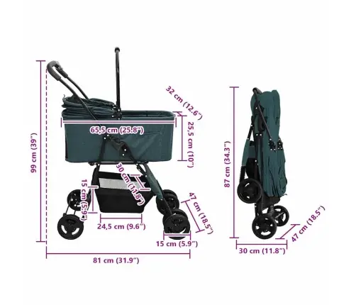 Saliekams Mājdzīvnieku Ratiņš Regulējams Zaļa 81 X 47 X 99 Cm Vidaxl