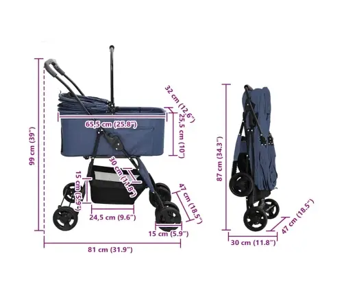 Saliekams Mājdzīvnieku Ratiņš Regulējams Zila 81 X 47 X 99 Cm Vidaxl