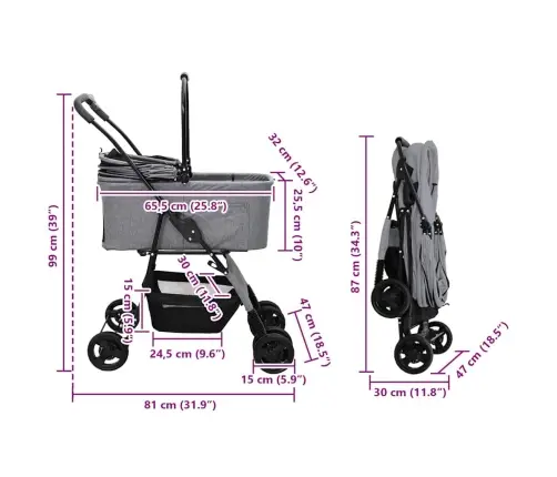 Saliekams Mājdzīvnieku Ratiņš Regulējams Pelēka 81 X 47 X 99 Cm Vidaxl