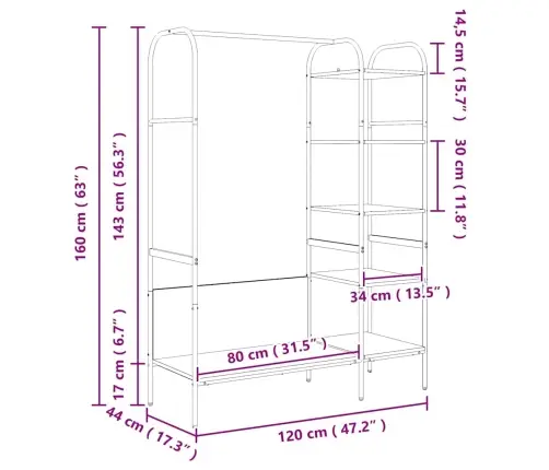Drēbju Statīvs Ar Plauktiem Vecs Koks 120X44X160 Cm Apstrādāts Koks Vidaxl