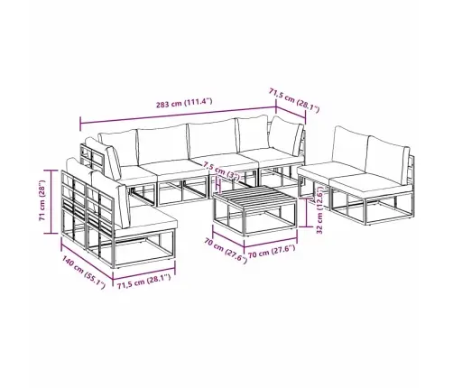 Dārza Dīvānu Komplekts 9 Pcs Melna 70 X 70 X 32 Cm Alumīnijs Vidaxl