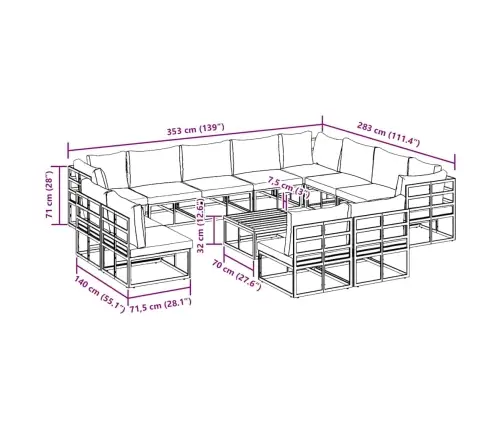 Dārza Dīvānu Komplekts 13 Pcs Melna 70 X 70 X 32 Cm Alumīnijs Vidaxl