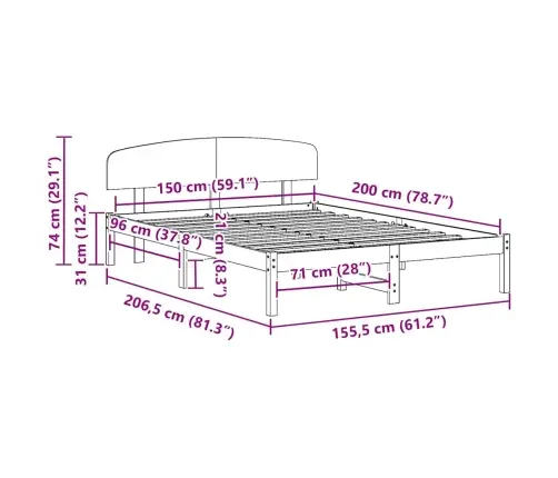 Voodi Raam Peaga Valge 150 X 200 Cm Tahke Mänd