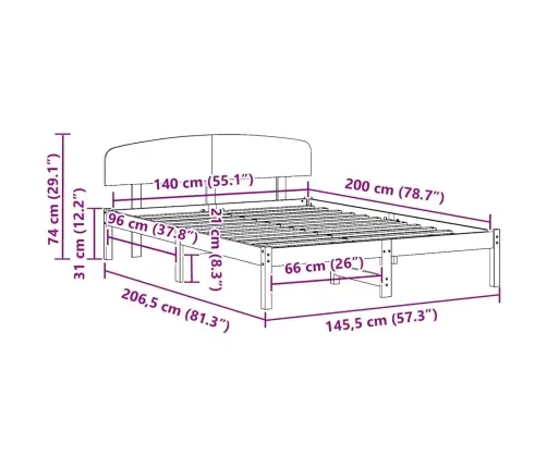 Gultas Rāmis Ar Atzveltni 140X200 Cm Masīvkoks Priede Vidaxl