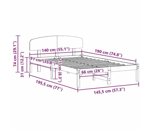 Gultas Rāmis Ar Galvas Atzveltni 140X190 Cm Cietās Koka Priedes Vidaxl