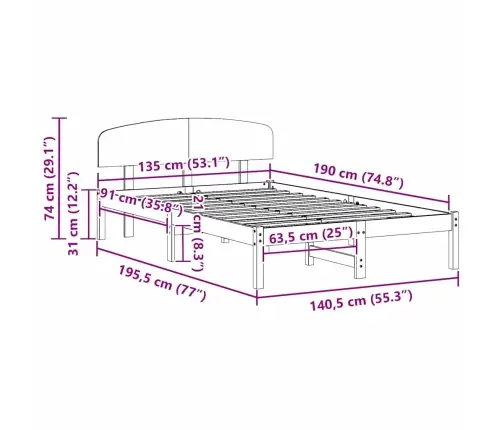 Gultas Rāmis Ar Galvgali Vaska Brūnā Krāsā 135X190 Cm Cieta Koka Priedes Vidaxl