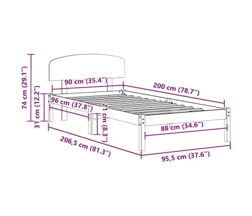 Gultas Rāmis Ar Galvgalvi 90X200 Cm Masīvkoka Priede Vidaxl