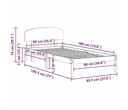 Gultas Rāmis Ar Galvgali Balts 90X190 Cm Masīvkoka Priede Vidaxl