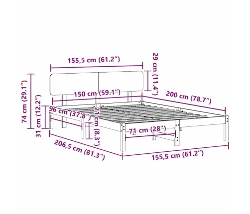 Gultas Rāmis Ar Galvgalu 150X200 Cm No Cietās Priedes Vidaxl