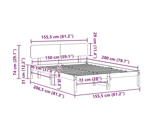 Gultas Rāmis Ar Galvas Balstu, Balts, 150X200 Cm No Masīvkoka Priedes Vidaxl