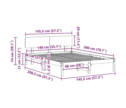 Balts Gultas Rāmis Ar Galvas Balstu 140X200 Cm No Priedes Masīvkoka Vidaxl