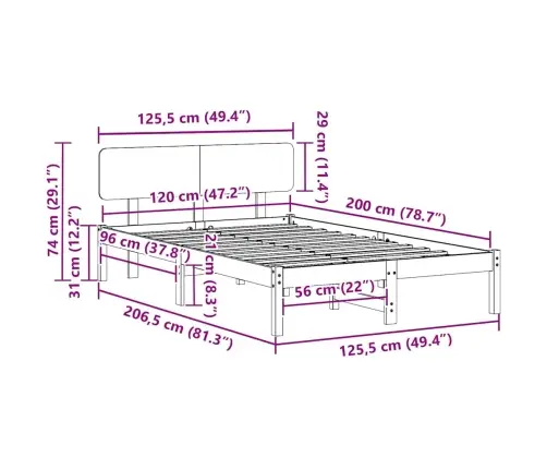 Gultas Rāmis Ar Galviņu 120X200 Cm, Cieta Priede Vidaxl