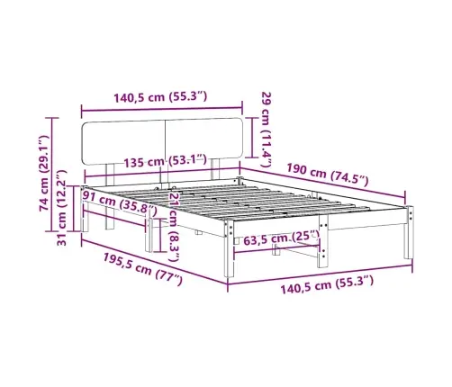 Voodi Raam Peaga Valge 135 X 190 Cm Tahke Mänd