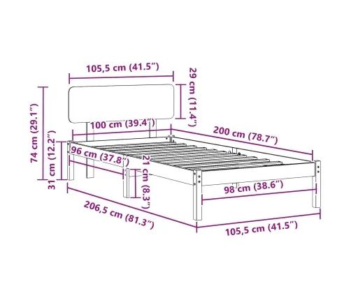 Gultas Rāmis Ar Galvas Balstu 100 X 200 Cm No Cietas Priedes Koka Vidaxl