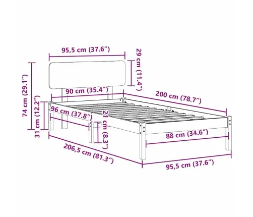 Lovos Rėmas Natūrali 90 X 200 Cm Kietos Pušies Mediena