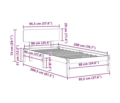 Lovos Rėmas Balta 90 X 200 Cm Kietos Pušies Mediena