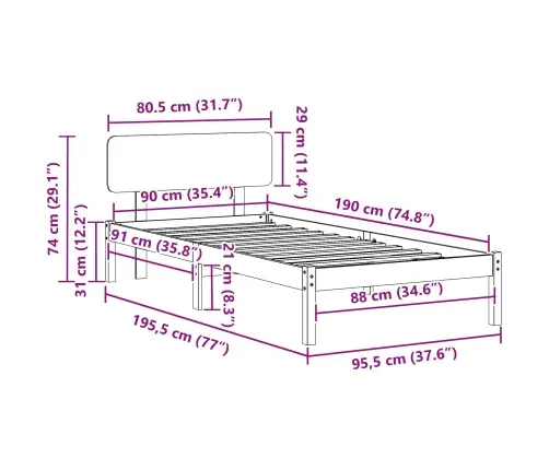 Gultas Rāmis Ar Galvgali Balts 90X190 Cm No Cietas Priedes Vidaxl