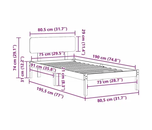 Voodi Raam Peaga Valge 75 X 190 Cm Tahke Mänd