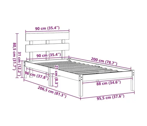 Gultas Rāmis Ar Galvgali Vaska Brūns 90X200 Cm Cieta Priede Vidaxl