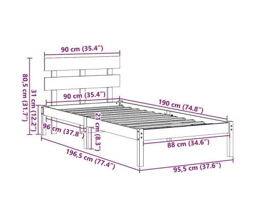 Lovos Rėmas Ruda 90 X 190 Cm Pušies Medienos Masyvas